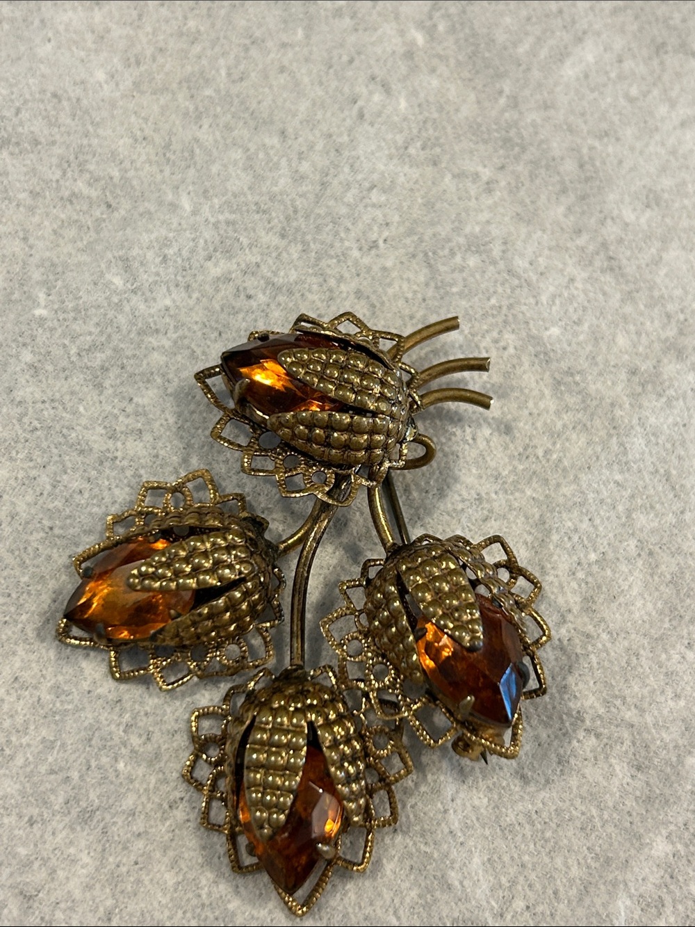 Vintage West Germany Gold Tone Tulip Flower Rhinestone Brooch